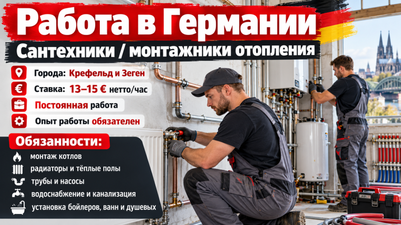 РАБОТА В ГЕРМАНИИ. Сантехники / монтажники отопления